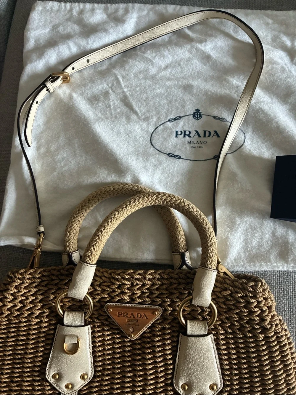 Prada Beige Braided-Trim Tote with Gold Hardware - Picture 4 of 9